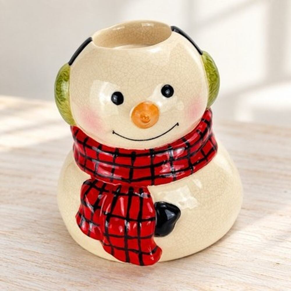 Hallmark Jan Karon Snowman Ceramic Candle Holder Red Plaid Scarf Christmas
